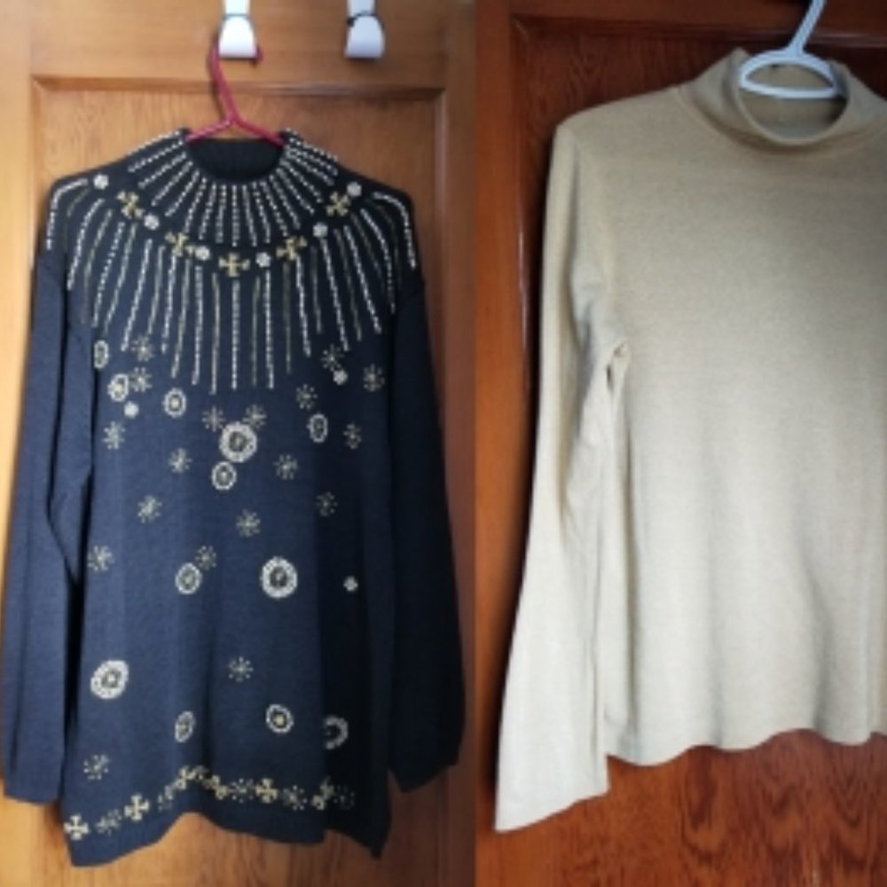 Impressive, vintage 90s, black cotton sweater, S, M, L, gold glass beading - Picture 8 of 8